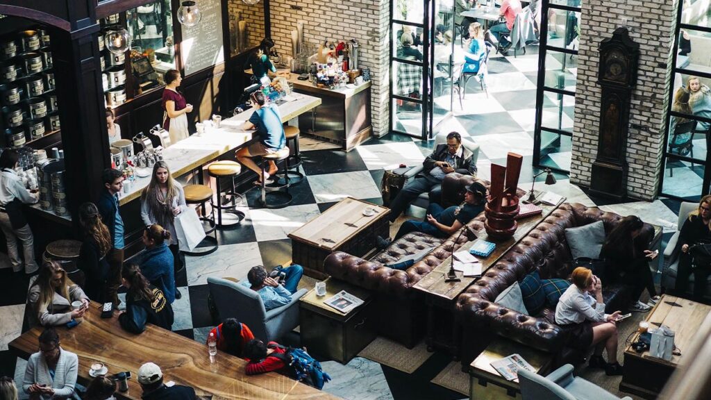 overhead view of a coffee shop and workspace