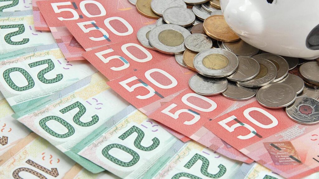 various Canadian bank notes and coins