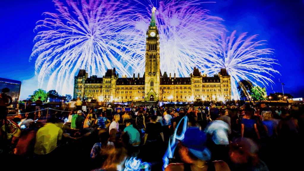 Fireworks over Parliament Hill in Ottawa symbolizing Canada’s capital city as a business startup hub and innovation center for entrepreneurs in 2025