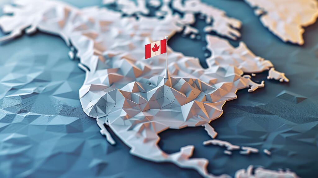 3D map of Canada highlights regional communities and strategic projects supporting business immigration, including programs like the Yukon Business Nominee Program, New Brunswick Business Stream, and rural Alberta community initiatives.