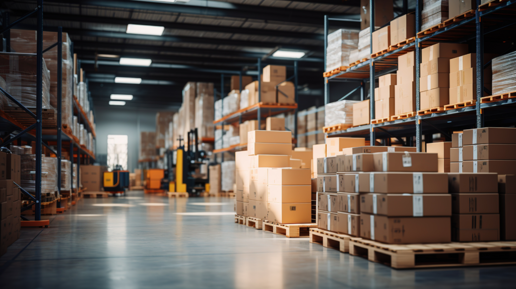 A textile warehouse with packaged fabric rolls ready for export, representing small business operations in Canada’s manufacturing and distribution sector.