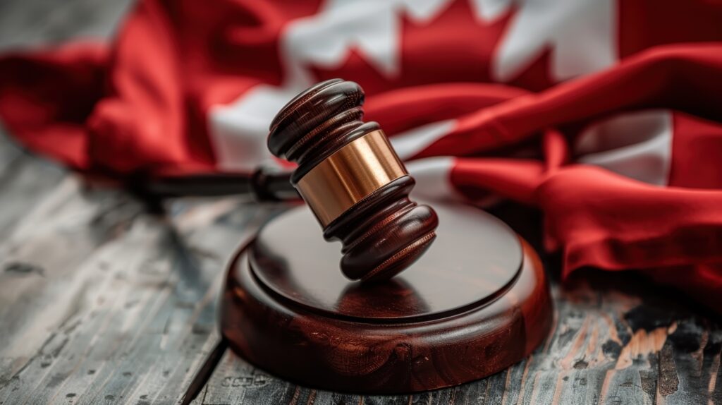 A gavel beside legal documents and a Canadian flag, symbolizing a tribunal's decision on permanent residency obligations and voluntary departure orders.
