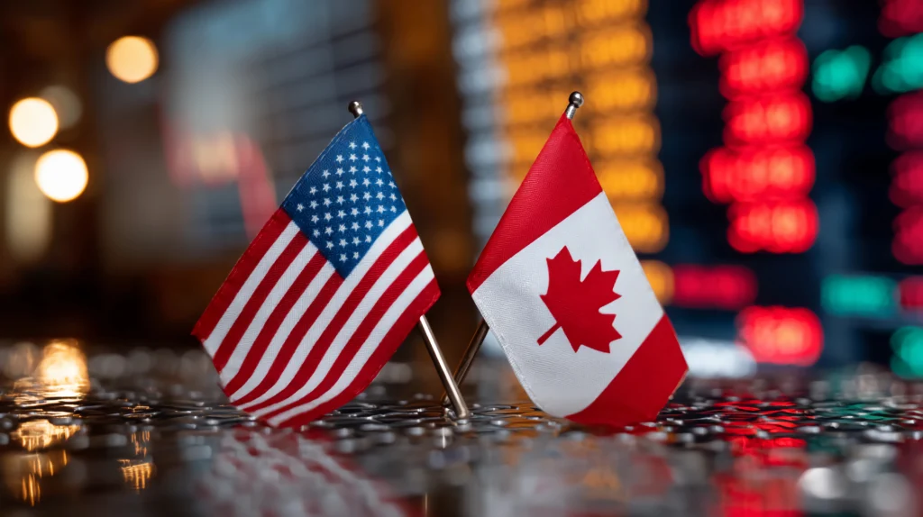 Canadian and American flags side by side on a boardroom table