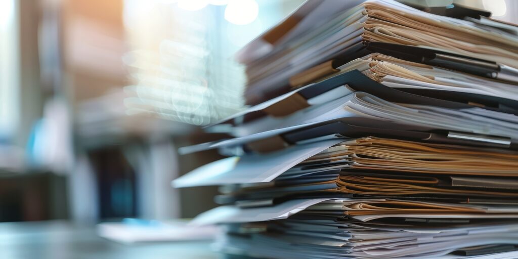 Stacks of immigration folders represent the paperwork involved in open work permit applications, including proof of legal status, job offers, and supporting documents from the applicant’s country and Canadian employer.