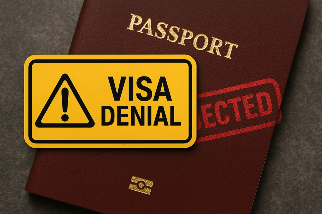 Immigration officer reviewing documents with red stamp marked "Refused"