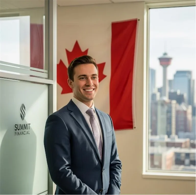 Businessman in office with Canadian flag and city skyline in the background.