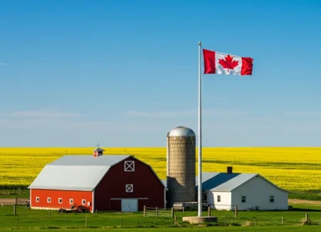 Canadian farm with red barn, grain silo, and national flag on a sunny day.