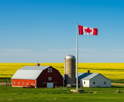 Canadian farm with red barn, grain silo, and national flag on a sunny day.