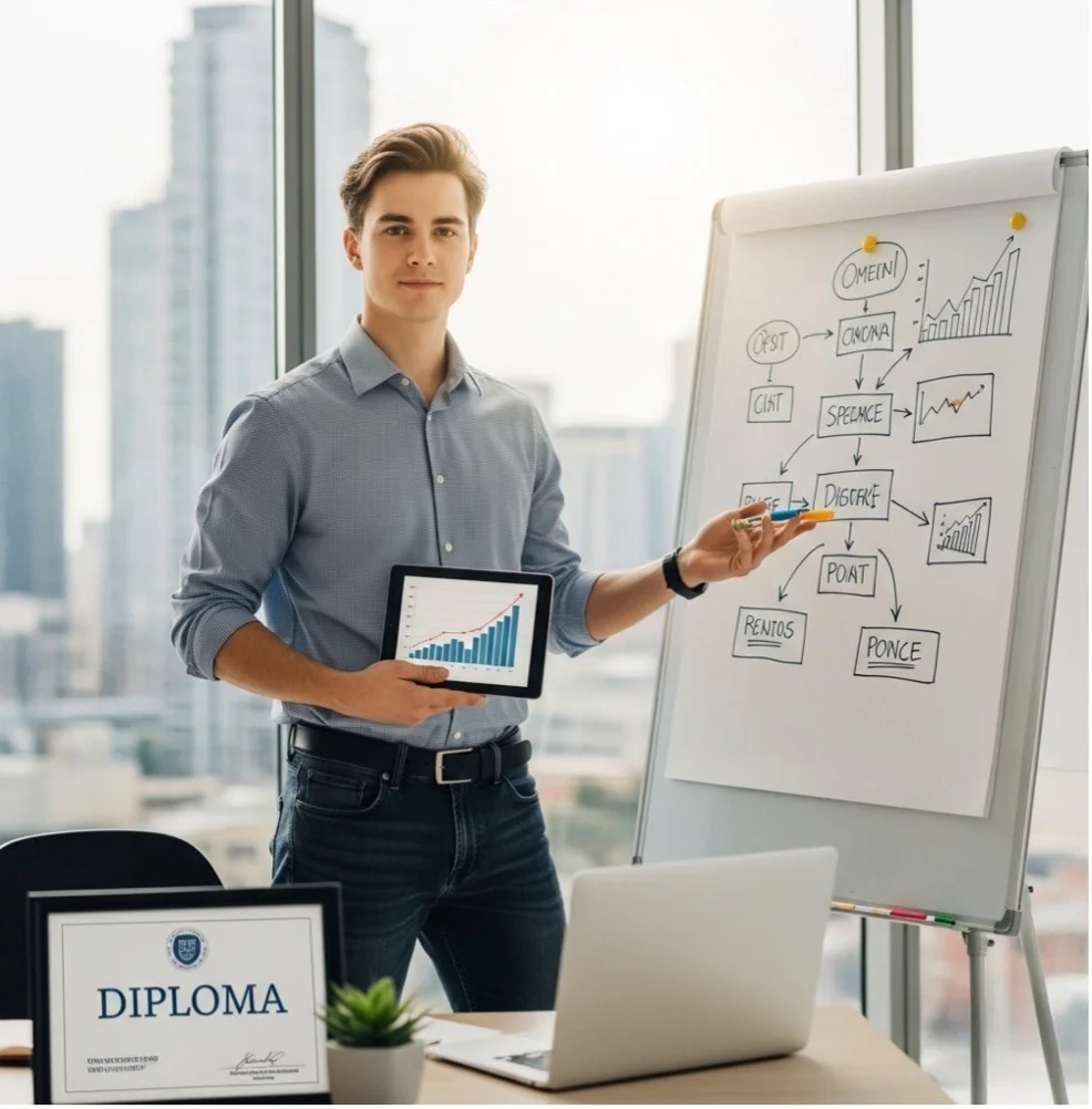 Young professional presenting financial growth charts on a tablet and whiteboard.