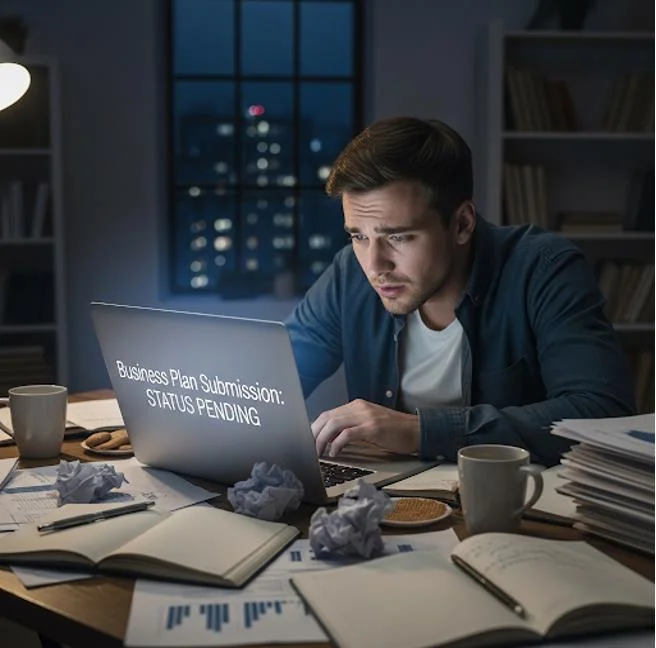 Stressed entrepreneur working late at laptop showing “Business Plan Submission: Status Pending.”