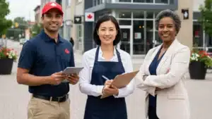 Three professionals stand smiling outdoors—a man in a red cap and navy shirt with a tablet, a woman in an apron holding a clipboard, and another in a beige blazer—highlighting the New Brunswick business opportunity in front of a modern building.