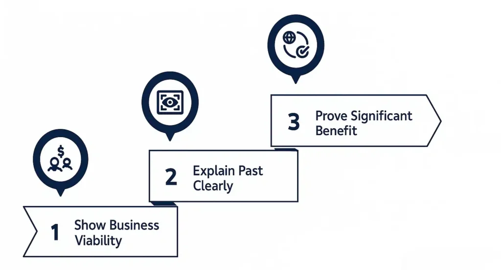 A three-step process chart: 1. Show Business Viability (with a dollar sign icon), 2. Explain Past Clearly (document icon), 3. Prove Significant Benefit for a Libyan Entrepreneur in the C10 Program (globe and growth icon).