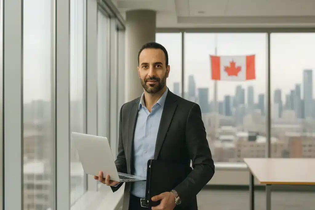 A Libyan entrepreneur in a suit stands by office windows holding a laptop and folder, with a city skyline, Canadian flag, and the spirit of Canadian business visible in the background.