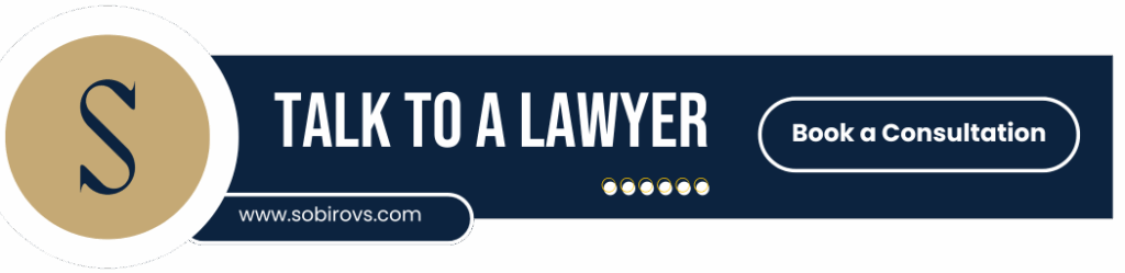 Call-to-action banner inviting entrepreneurs to book a consultation with Sobirovs immigration lawyer in Toronto for Canadian business visas