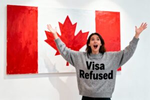 Frustrated visa applicant facing Canada visa refusal, holding a refusal letter from a visa officer. Highlights challenges with visitor visa application, financial status, misleading information, and the need to submit complete documents and significant new information for a stronger Canadian visa application.