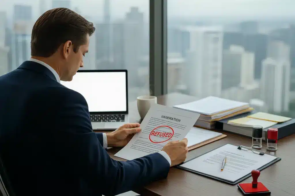A man in a suit sits at an office desk holding a document labeled IMMIGRATION stamped with REFUSED, facing the challenge of an Open Work Permit Refusal. Papers, a laptop, and a coffee cup are on the desk, city buildings visible through the window.