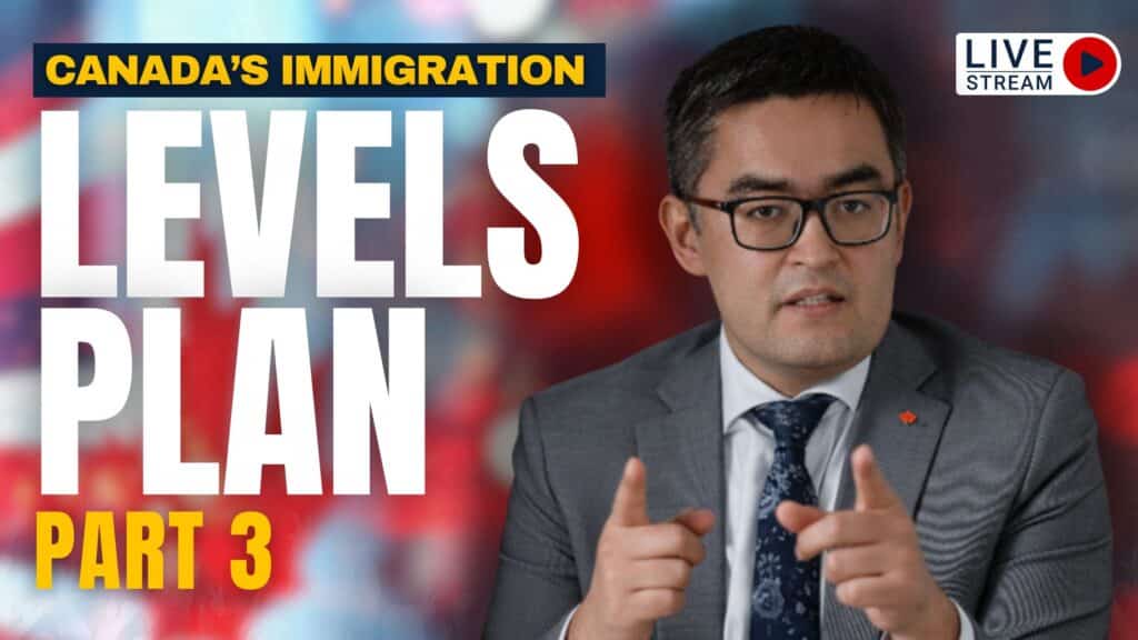 A man in a suit and glasses gestures with both hands. Text on image: CANADAS IMMIGRATION LEVELS PLAN PART 3. A LIVE STREAM icon appears in the top right corner. The colorful, blurred background highlights the Canada Business Immigration topic.