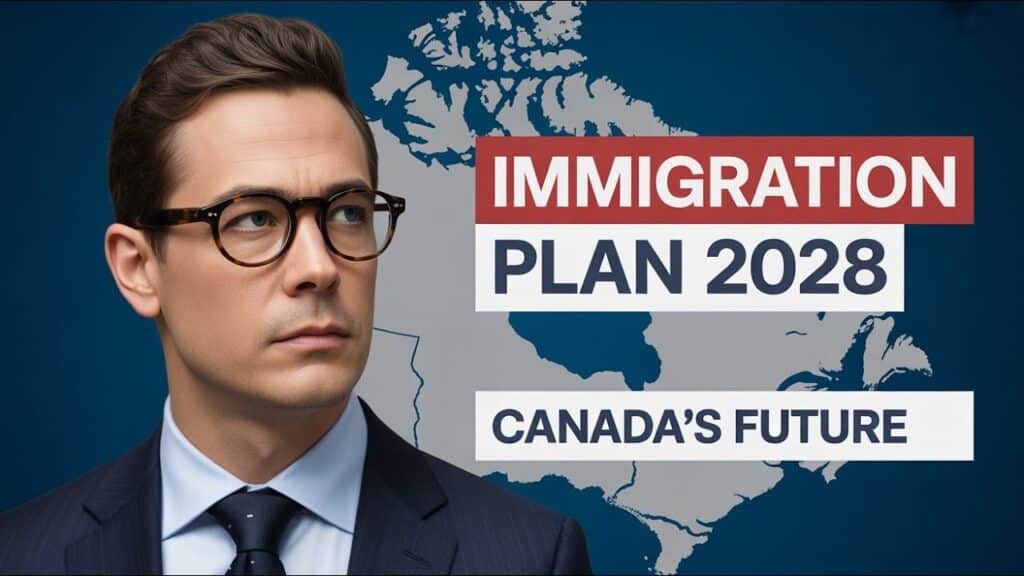 A man in glasses and a suit stands before a map of Canada, with text reading IMMIGRATION PLAN 2028 and CANADA BUSINESS IMMIGRATION—CANADA