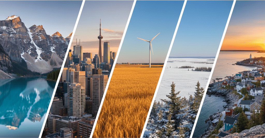 A collage of Canadian landscapes: Rocky mountains with a lake, a city skyline with a tower, wind turbines in wheat fields, snowy forests, and a vibrant coastal village—reflecting the diversity that inspires Canada’s Provincial Nomination Programs.
