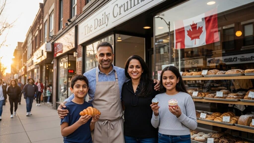 A smiling family stands outside a bakery called The Daily Crumb. The man wears an apron and has his arm around a woman and two children holding pastries. A Canadian flag is displayed in the window.