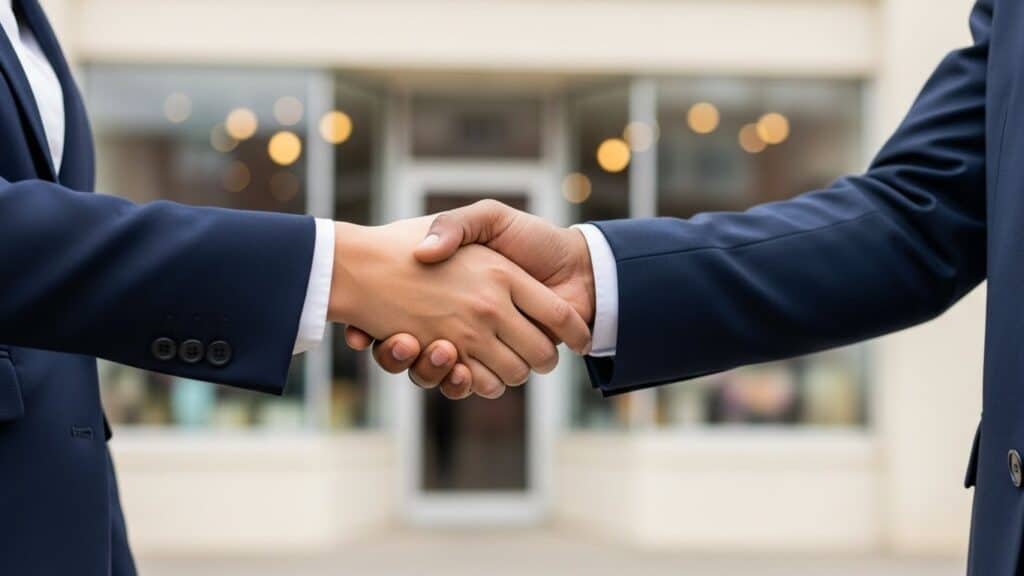 Two people in business attire shaking hands outside a building, symbolizing agreement or partnership, much like a successful application through Canada’s Provincial Nomination Program. The background is blurred, highlighting the handshake.