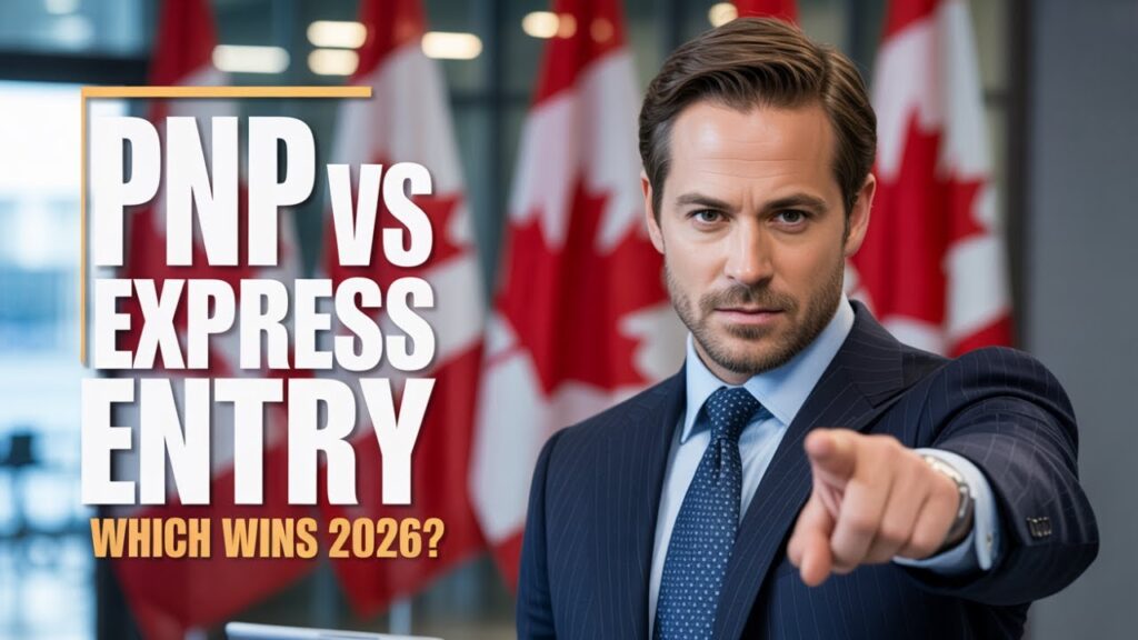A man in a suit points forward before several Canadian flags. Text on the image reads: PNP vs EXPRESS ENTRY WHICH WINS 2026? The professional setting highlights themes of Canada Business Immigration.