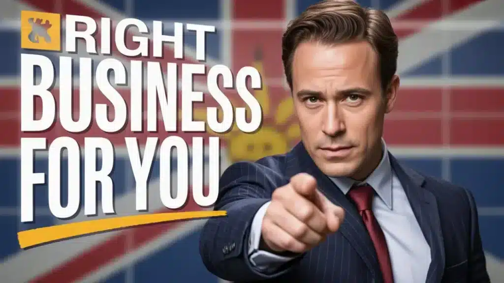 A serious man in a suit points at the viewer, standing in front of a British flag backdrop. Large text reads, RIGHT CANADA BUSINESS IMMIGRATION FOR YOU.