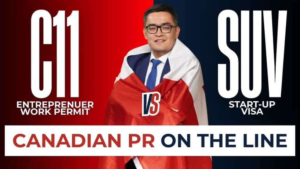 A man in a suit draped in a Canadian flag stands between bold text: C11 Entrepreneur Work Permit on the left and SUV Start-Up Visa on the right. Below, it says CANADIAN PR ON THE LINE with a VS, highlighting Canada Business Immigration paths.