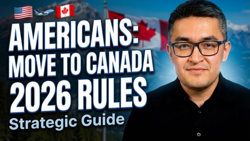 A man wearing glasses stands in front of Canadian flags and mountains. Large text reads: Americans: Move to Canada 2026 Rules Strategic Guide. US and Canadian flags, a plane icon, and Canada Business Immigration appear above the text.