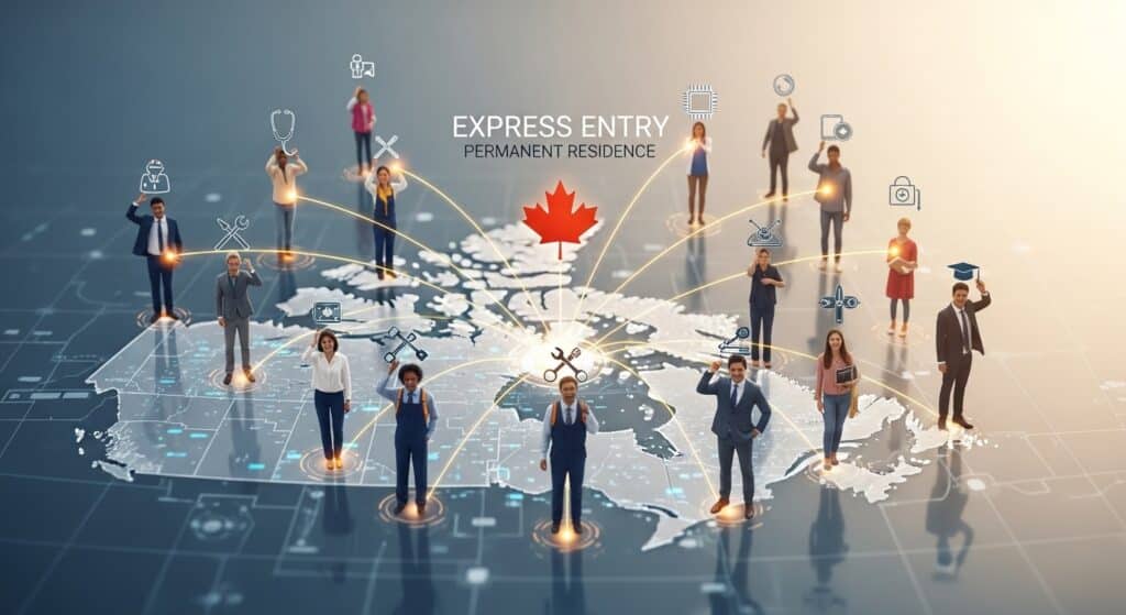 A digital illustration of diverse people standing on a map of Canada, connected to a red maple leaf labeled Express Entry Permanent Residence and Express Entry Categories 2026, symbolizing evolving immigration pathways. Icons represent jobs, skills, and education.