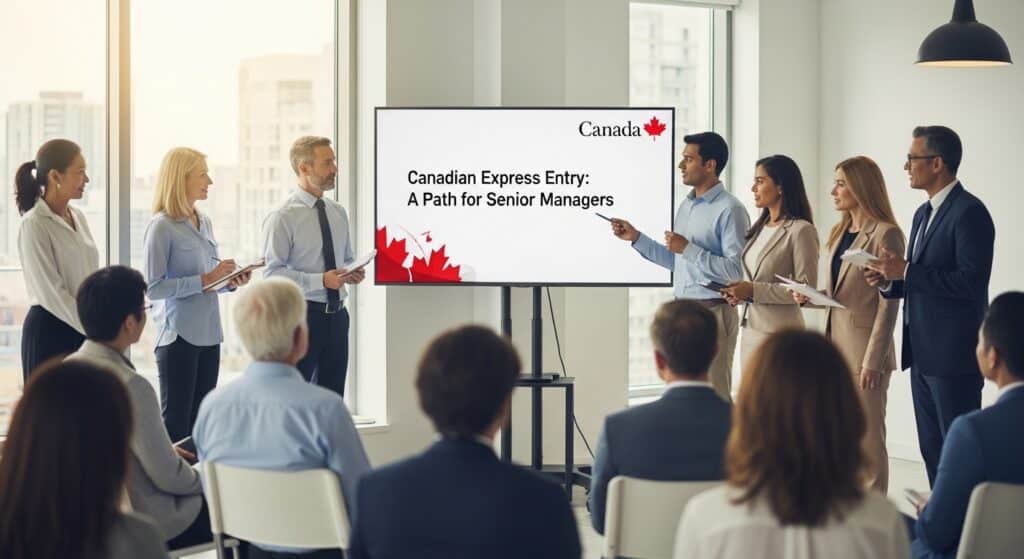 A group of professionals attends a presentation in a modern office. Two presenters point to a screen displaying Canadian Express Entry: A Path for Senior Managers with the Canada logo, while others watch and take notes on gaining Canadian work experience.