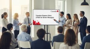 A group of professionals attends a presentation in a modern office. Two presenters point to a screen displaying Canadian Express Entry: A Path for Senior Managers with the Canada logo, while others watch and take notes on gaining Canadian work experience.