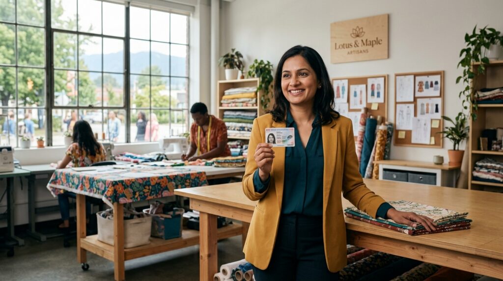 A woman in a yellow blazer stands in a bright fabric workshop, smiling and holding up her C11 Work Permit ID card. Behind her, people work at tables covered with colorful fabrics and sewing tools as sunlight pours through large windows.