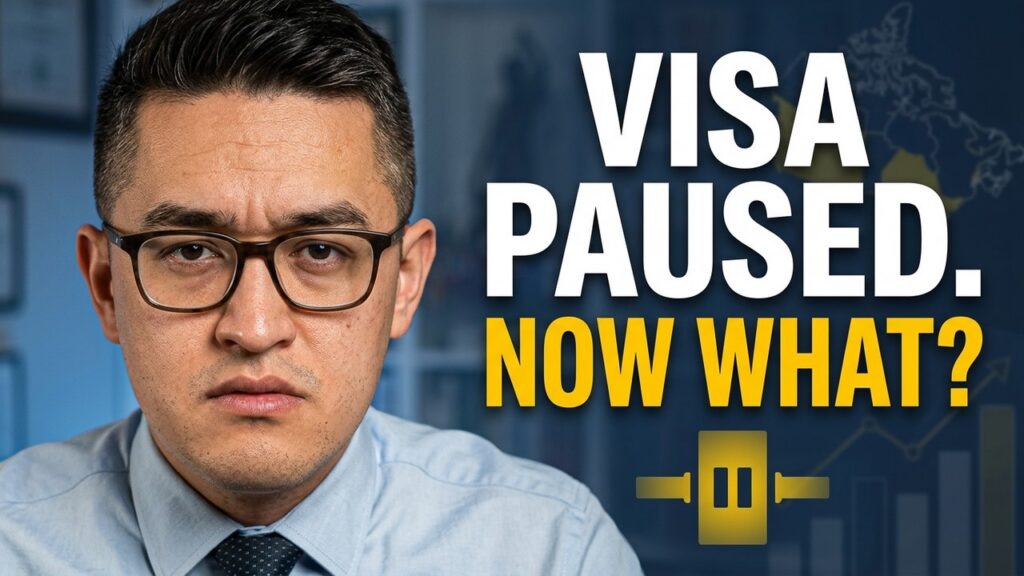 A man wearing glasses and a blue shirt looks serious. Next to him, large text reads, VISA PAUSED. NOW WHAT? with a yellow pause icon and a faint Canada Business Immigration map in the background.