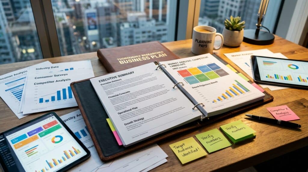 A business plan binder open on a desk surrounded by charts, graphs, notes detailing c11 work permit costs, a tablet, a coffee cup labeled PLANNING PAYS, and city buildings visible through the window in the background.