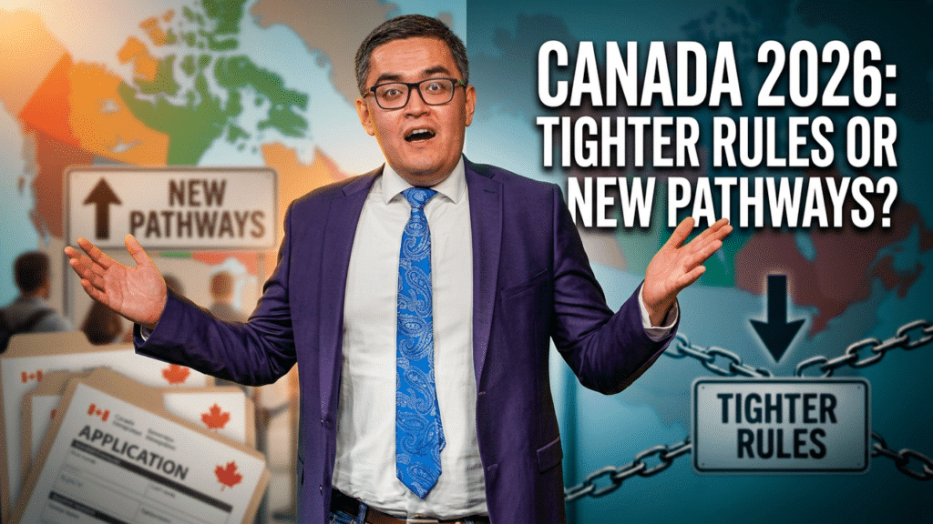 A man in a suit stands with arms open before graphics of Canada Business Immigration forms, a map, a "New Pathways" sign, and a "Tighter Rules" sign with chains. Text reads: Canada 2026: Tighter Rules or New Pathways?.