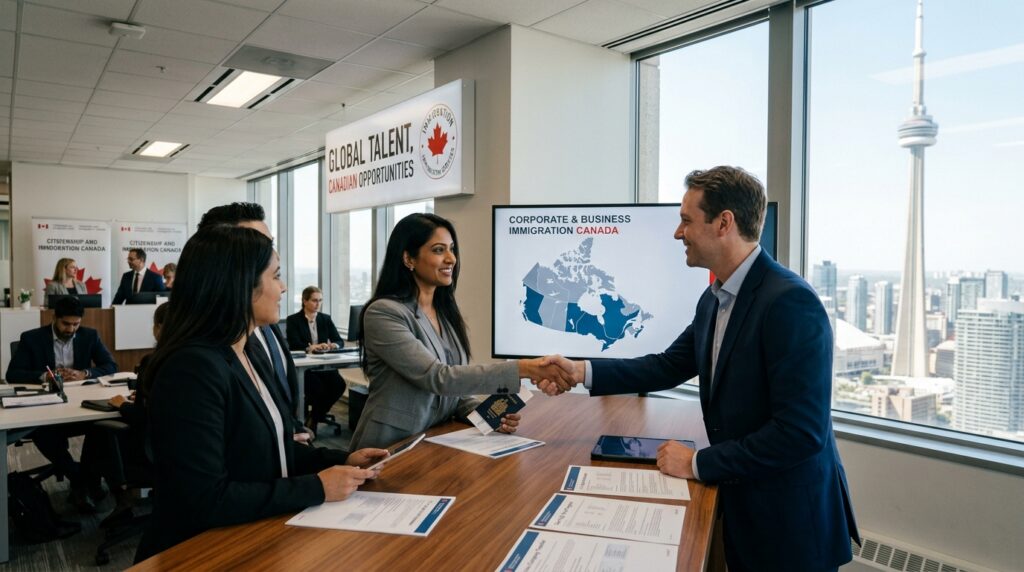 A woman in business attire shakes hands with a man across a table in a modern office with large windows. Nearby, professionals work while a screen displays “Immigration Canada” and a map, highlighting C11 vs ICT Work Permit Canada options.