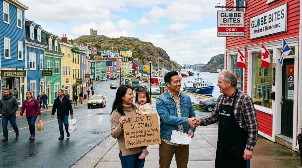 A smiling family holding a Welcome to St. Johns! sign stands outside colorful buildings on a waterfront street, as a Newfoundland Entrepreneur PNP participant in an apron shakes the father's hand, welcoming them to the community.