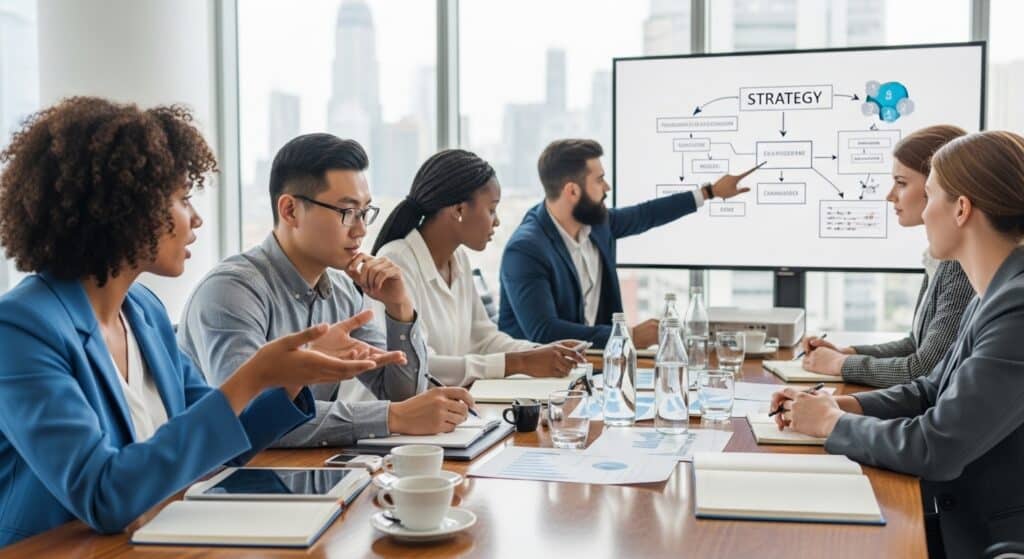 A group of business professionals sits around a conference table, attentively listening to a colleague present a Bill C-12 Start-Up Visa strategy flowchart on a screen in a modern office with city views.