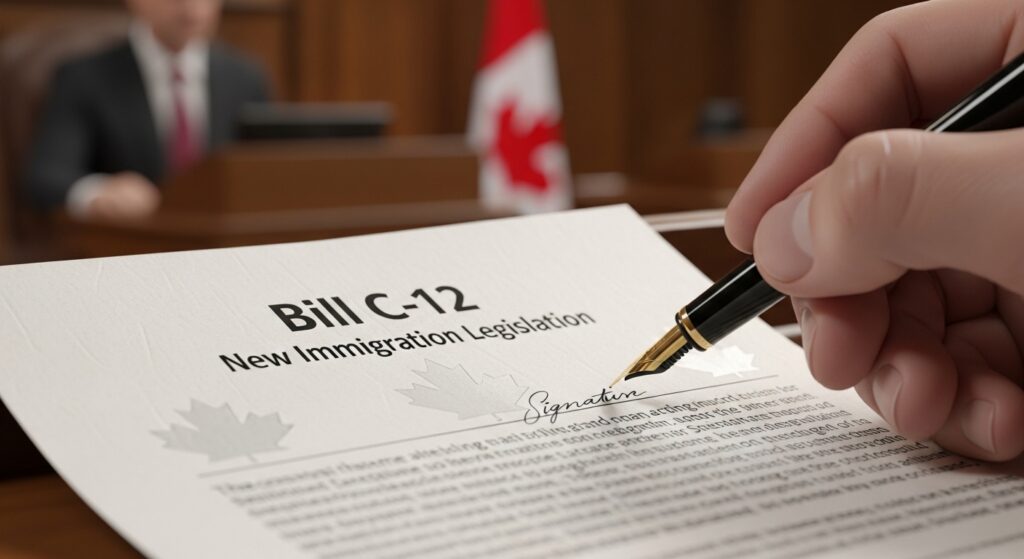 A hand signs a document titled Bill C-12 New Immigration Legislation that may impact Start-Up Visa applicants; a judge and a Canadian flag are blurred in the courtroom background.
