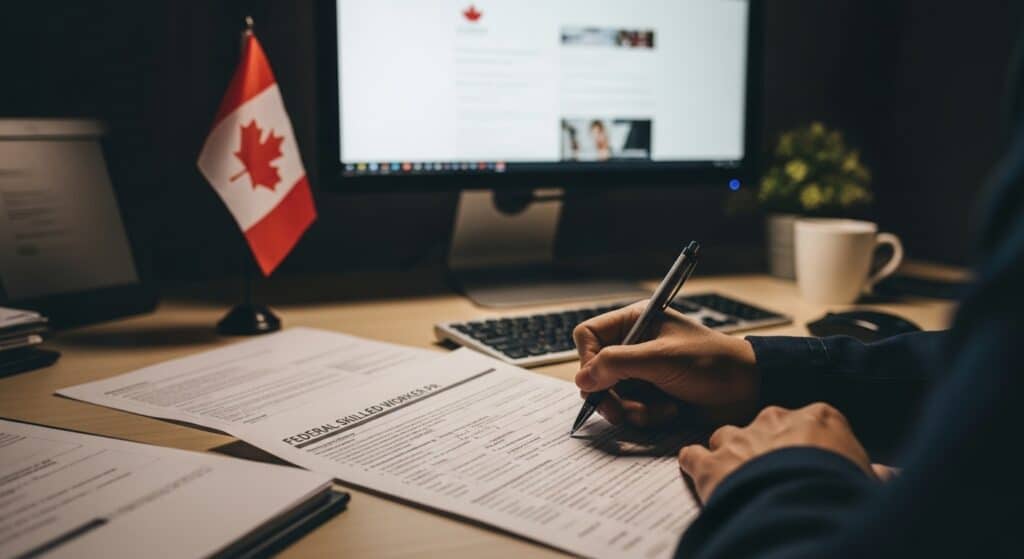 A person fills out a Federal Skilled Worker application at a desk with a small Canadian flag, papers, and pen, while a computer displays the Express Entry Canada government website in the background.