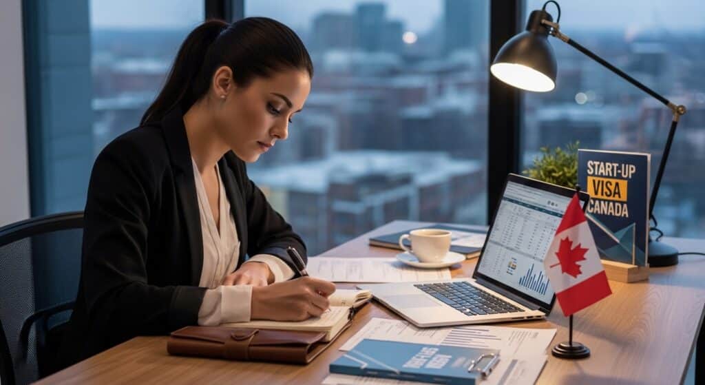 Entrepreneur at a desk documenting business progress for Start-Up Visa compliance in Canada in the wake of Bill C-12