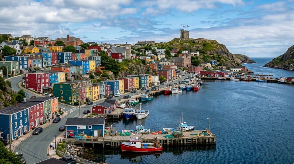 A coastal town with colorful houses along a winding road, boats docked at a harbor, and a historic stone tower on a grassy hill—a scenic spot often admired by those exploring the Newfoundland Entrepreneur PNP.