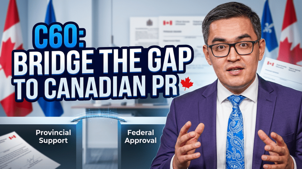 A man in a suit and glasses speaks in front of Canadian flags and official documents. Bold text reads “C60: Bridge the Gap to Canadian PR” with “Canada Business Immigration,” “Provincial Support,” and “Federal Approval” shown below.