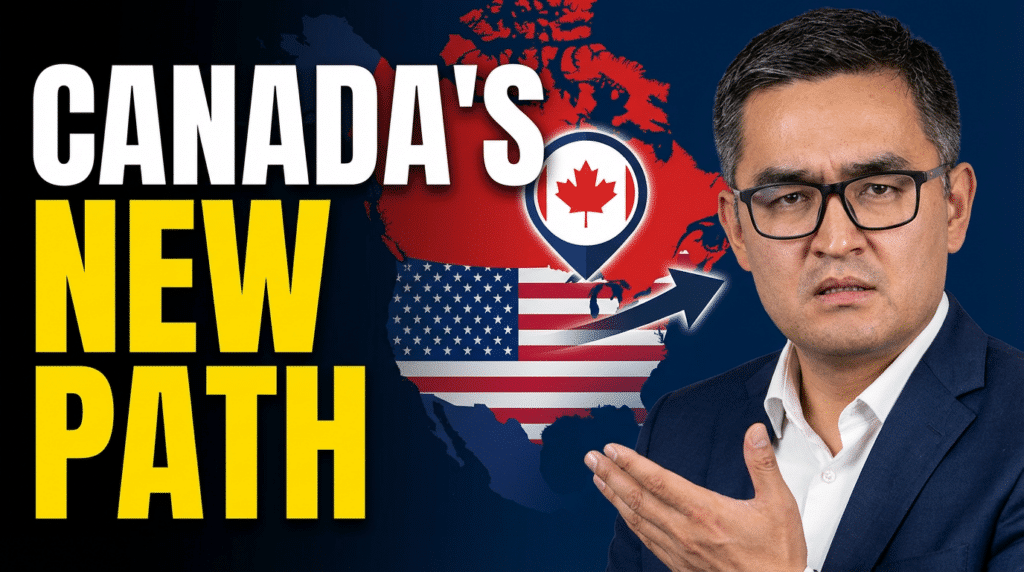 A serious-looking man gestures beside bold text reading Canada’s New Path, with a map of North America showing the U.S. and Canada flags, a maple leaf icon, and an arrow illustrating Canada Business Immigration from the U.S. to Canada.