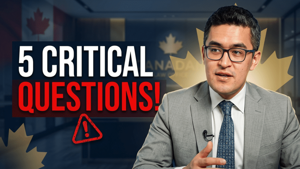A man in a suit and glasses speaks in an office with Canadian maple leaf symbols, discussing Canada Business Immigration. Text reads 5 CRITICAL QUESTIONS! with a warning icon. The blurred background highlights the text and speaker.