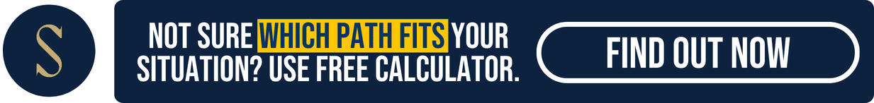 A navy banner with a gold S in a circle on the left. White text reads, Not sure which C60 Work permit path fits your situation? Use free calculator. A white-outlined button on the right says, Find out now.