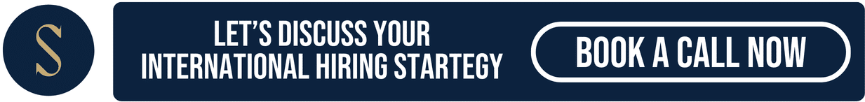 A dark blue banner with a gold letter S on the left and white text reading Let’s discuss your LMIA Canada international hiring strategy. A white-outlined button on the right says Book a call now.