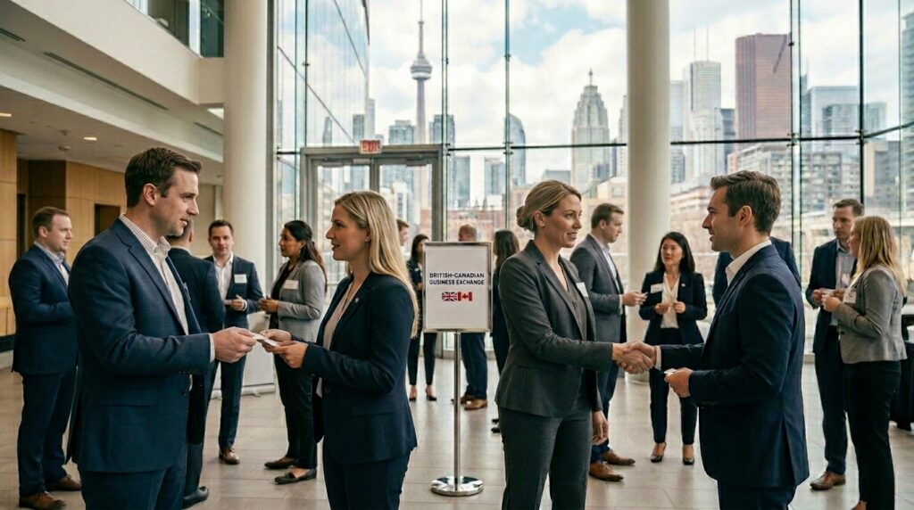 A group of professionals in business attire network and exchange business cards in a modern building with floor-to-ceiling windows, city skyline visible, and a British-Canada Chamber of Commerce sign—ideal for those planning to move to Canada from the UK.
