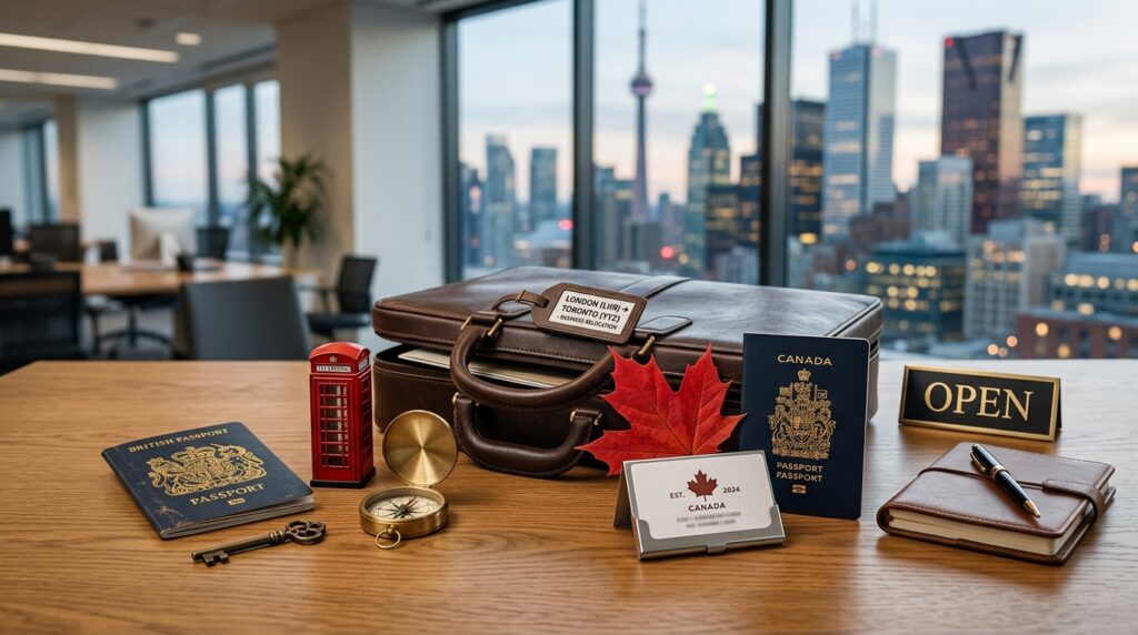 A desk in an office with passports, a briefcase, a Canadian maple leaf, a miniature red phone booth, and an “OPEN” sign—perfect for planning your move to Canada from the UK, with a city skyline visible through the window behind.